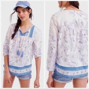 J. Crew Point Sur Tassel Tunic Popover Top small blue white metallic